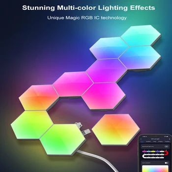 Olti burchakli chiroqlar LED devor paneli yoritgichi RGB rangini o'zgartiruvchi tungi yorug'lik ilovasi o'yin xonasi yotoq xonasi uchun masofadan boshqarish pulti musiqa ritmi