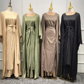 3 Parcha Matching Set Ayollar Turkiya Musulmon Kiyim Dubay Mashhur Moda Kiyim Tekis Kimono Ochiq Abaya Maxi Kiyim O'ramoq Etaklari