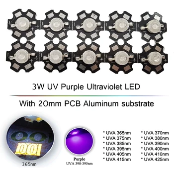 3 Vt UV binafsha LED ultrabinafsha lampalar chiroq chiplari 365nm 375nm 380nm 385nm 395nm 405nm 410nm 420nm 20 mm PCB alyuminiy substrat bilan