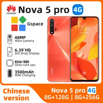 Nova 5 pro 4G smartfoni 6.39 dyuymli OLED 3500 mAh mobil telefonlar 48mp kamera CPU Kirin 980 original ishlatilgan telefon