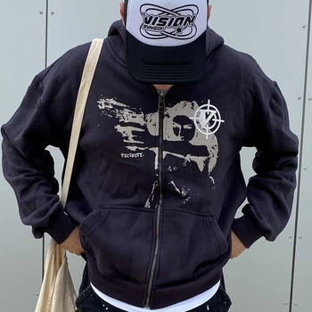 Anime bosma Gothic ko'cha kiyimlari uzun yengli qora Zip Hoodie Y2k Grunge kiyim kozok Koreya moda Punk Sport palto Pullover