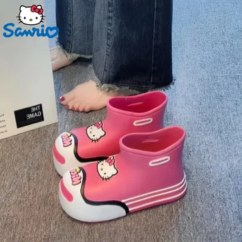 Sanrio Hello Kitty ayollar va bolalar uchun yoqimli yomg'ir etiklari qora pushti sirpanishga qarshi suv o'tkazmaydigan etiklar yangi Kavayi EVA Jelly Shoes Y2k
