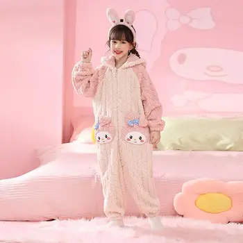 Sanrioed Anime Kuromi Melody bolalar qishki flanel bir parcha pijama Cinnamoroll Pochacco o'g'il bolalar Qizlar Y2K Rompers kombinezonlar