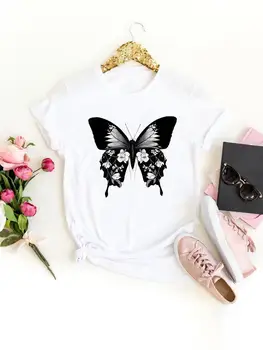 Ayollar moda Tee grafik T Shirt Top Casual kiyim yozgi Butterfly 90s Trend Cute qisqa qisma ayol chop T-ko'ylak