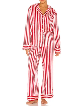 Ayollar Rojdestvo pijama to'plami chiziqli uzun yengli ko'ylak elastik bel shimlari uyqu kiyimi Xmas Holiday 2PC Lounge Outfits