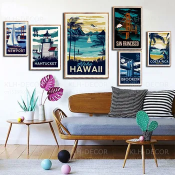 S644 plakatlar va tazyiqlar Amerika Nyu-York Havaii Vintage sayohat shaharlari landshaft afishasi devor san'ati Tuval rasm uy dekorasi