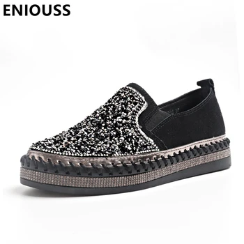 ENIOUSS Fashion Rhinestone ayollar haqiqiy teri Loafers poyabzal yuqori sifatli Nubuk Leater Lady Flat Casual Shoes qora