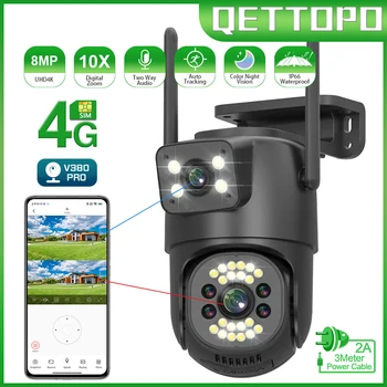 Qettopo 4K 8MP 4G Dual Lens PTZ kamera Dual ekranlar AI inson Kuzatuv tashqi xavfsizlik CCTV nazorat IP kamera V380 PRO