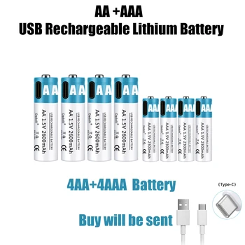 AA + aaa batareyasi 1,5 V Li-Ion batareyasi 2600mAh qayta zaryadlanuvchi lityum ion batareyasi AA 1,5 V USB tez zaryadlovchi lityum ion batareyasi